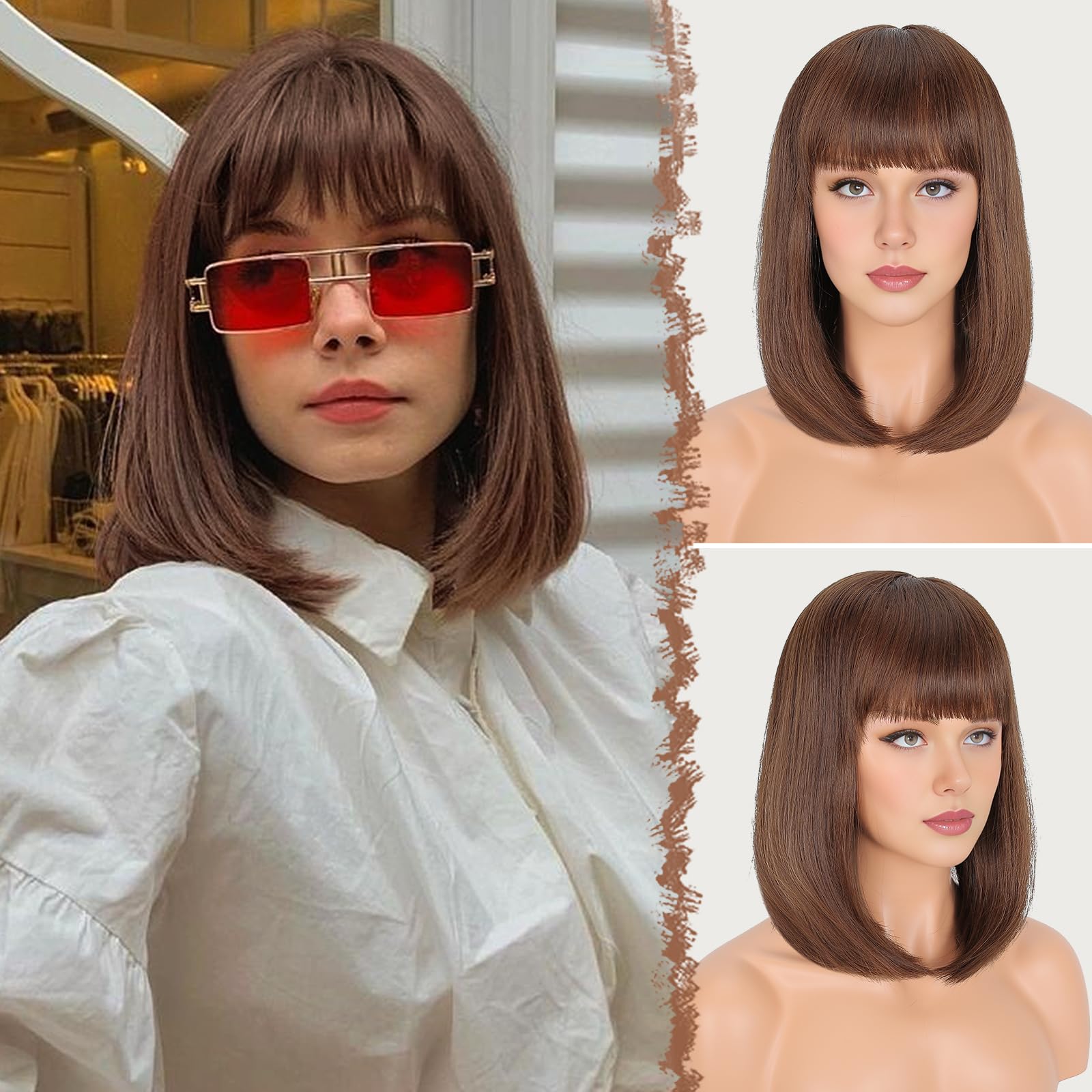 ESHFEN Blonde gewellte Perücke mit Pony – Langer Bob, synthetisch, 35 cm