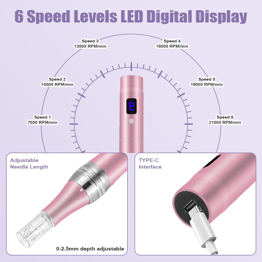 Vicloon Elektrischer Microneedling Pen – LCD-Display, 5 Stufen, Pink