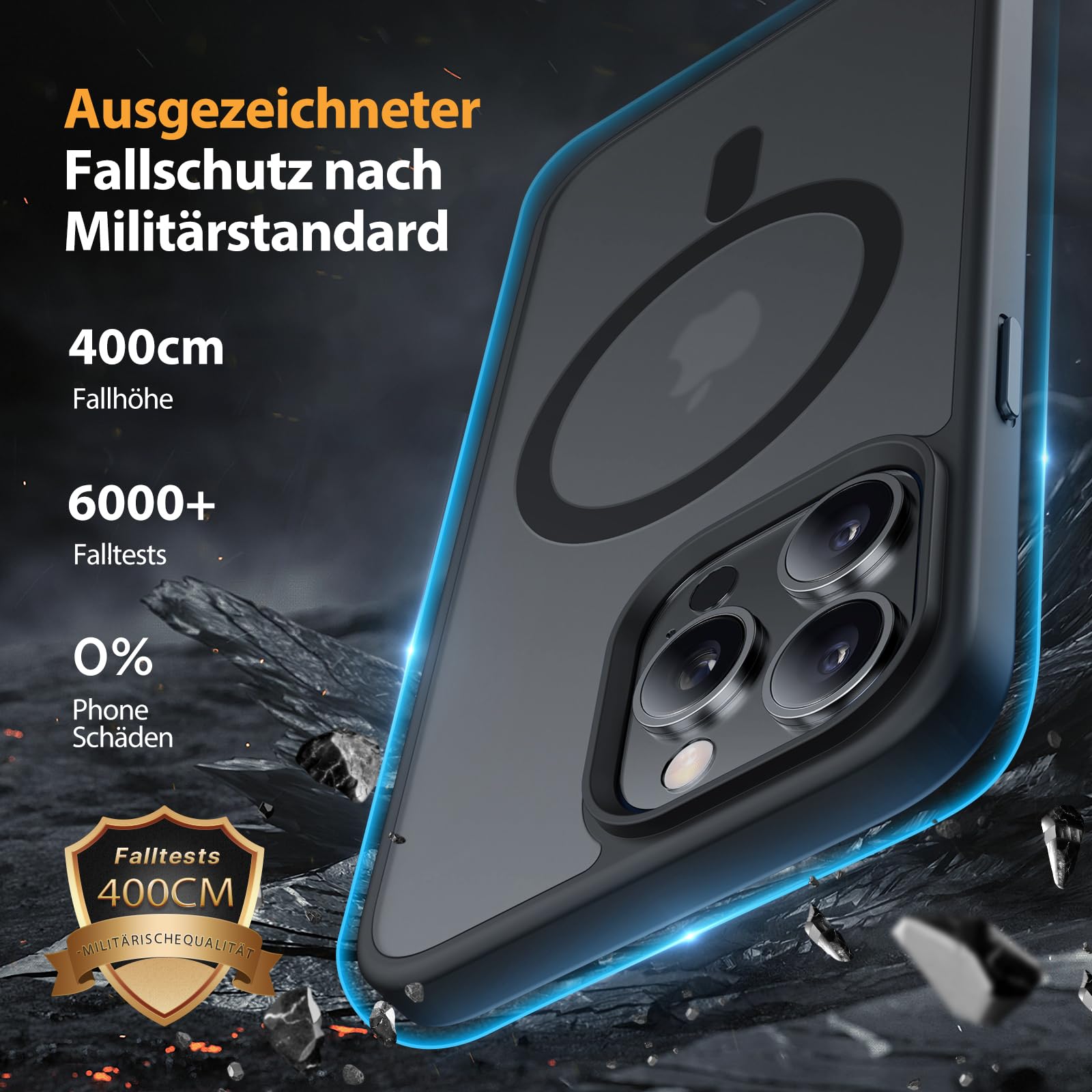 Magnetische Hülle – iPhone 15 Pro, MagSafe, 2 Displayschutzfolien, Stossfest, Schwarz