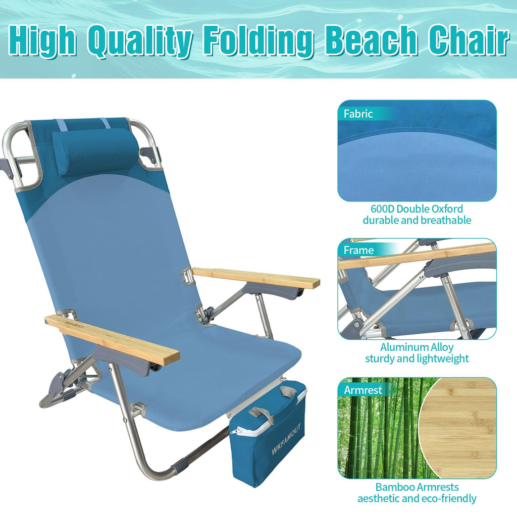 WKFAMOUT Раница за плажен стол, сгъваем със сгъваема маса, бамбук