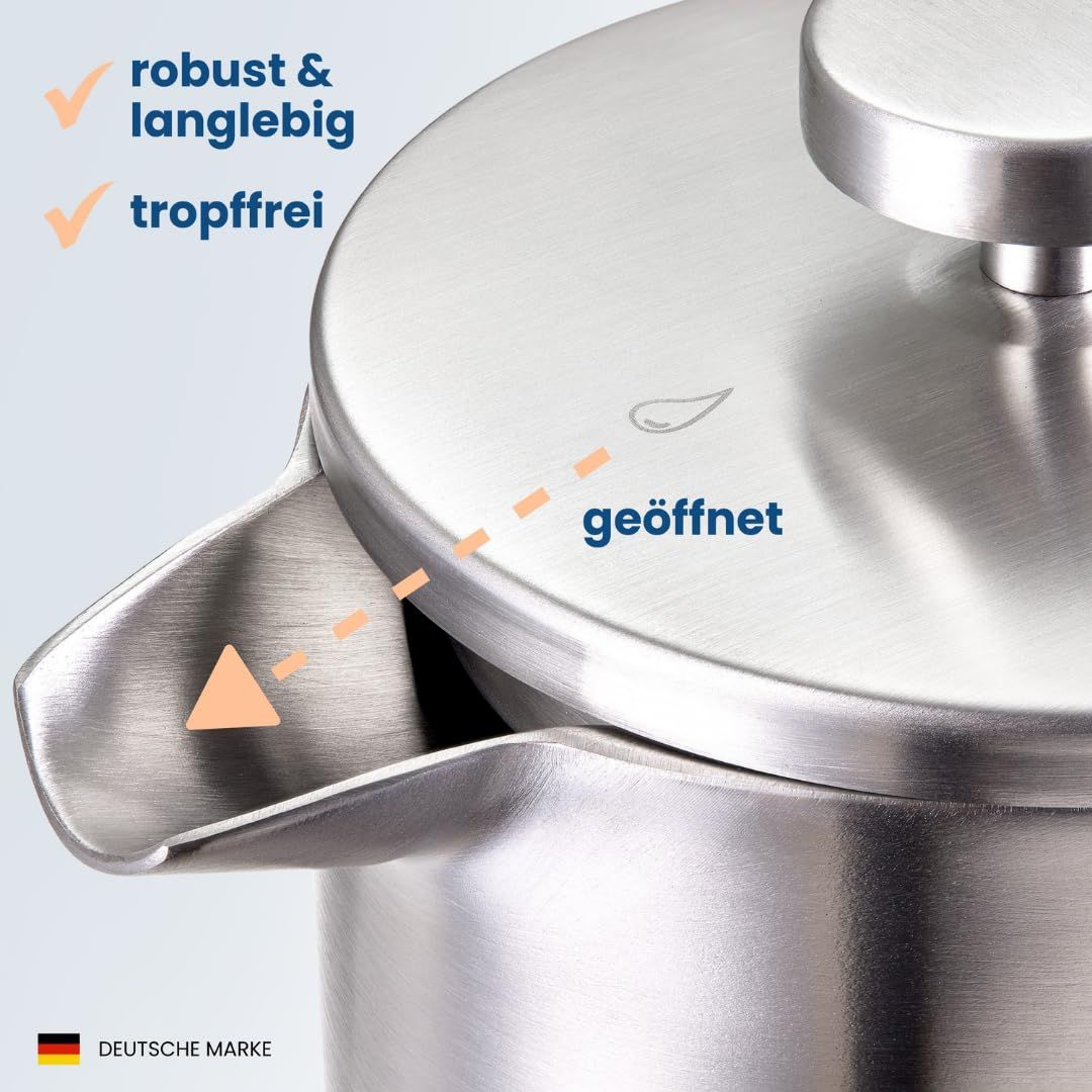 French Press Edelstahl 600ml – Doppelwandig Isoliert, 3 Filter & Korkuntersetzer, Matt