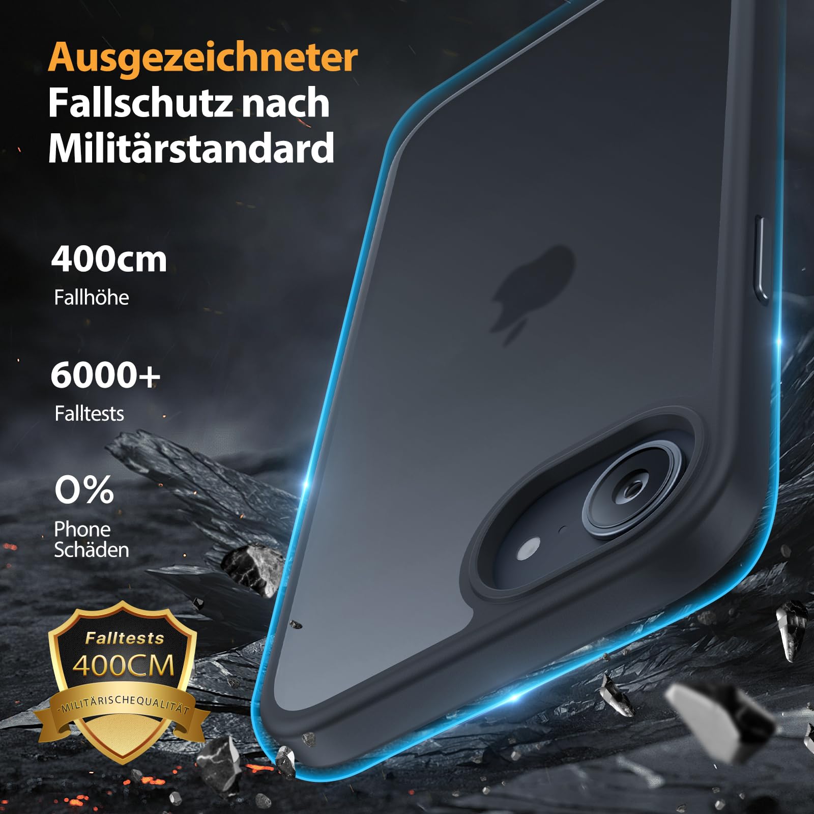 iPhone 16e Hülle – 360-Grad-Rundumschutz, Militärstandard, 2 Displayschutzfolien, Mattschwarz, 6,1 Zoll