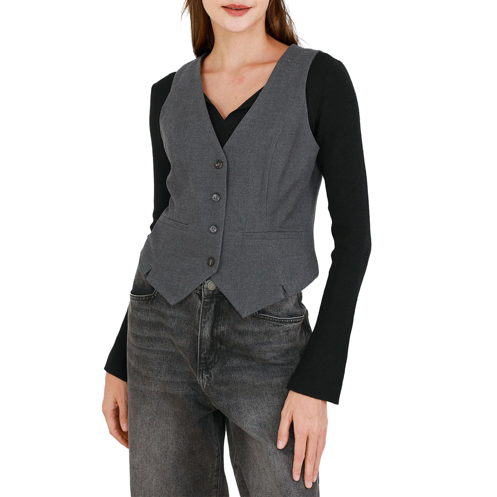 Damen-Wollweste mit V-Ausschnitt und Knöpfen, Slim Fit