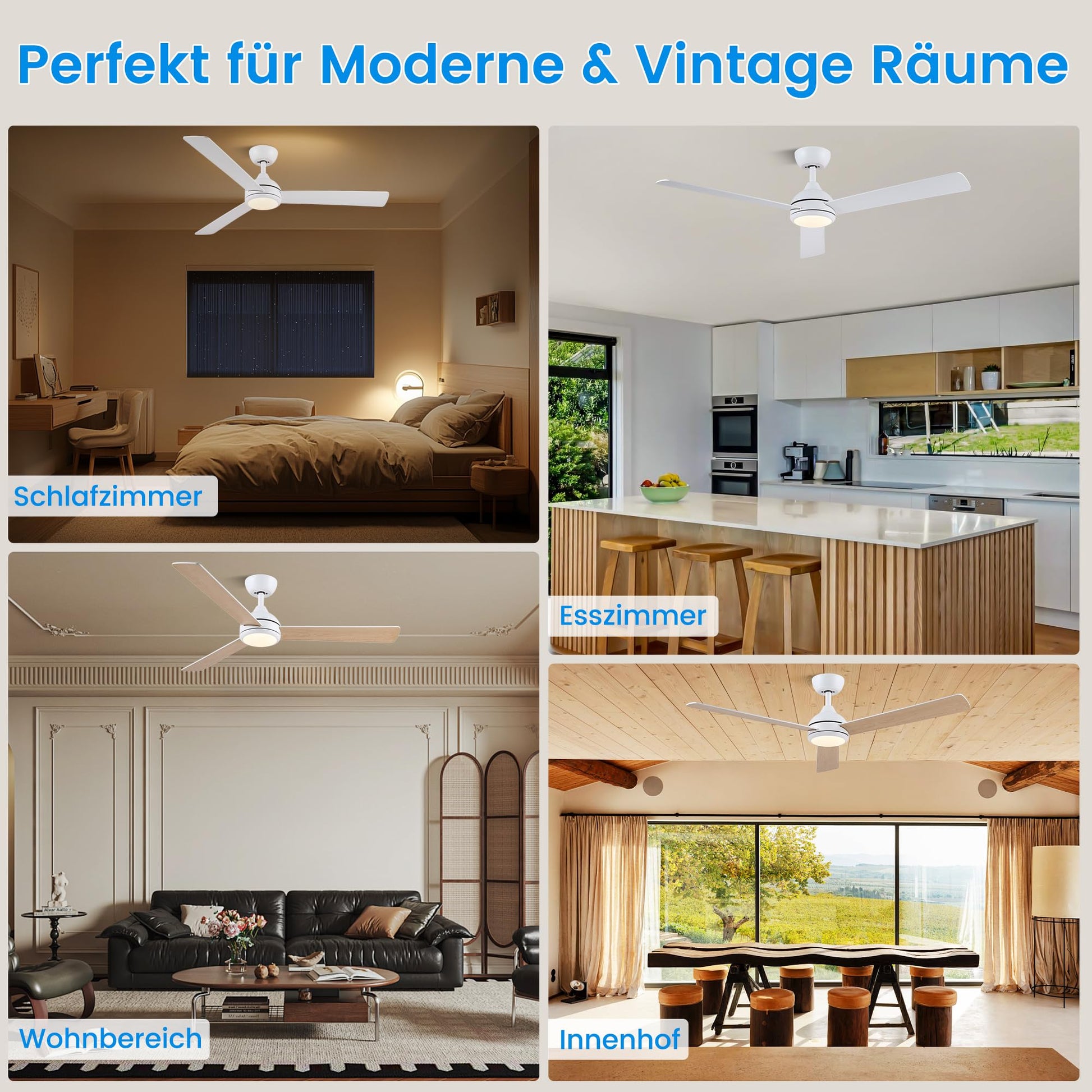 CJOY Deckenventilator mit Fernbedienung, 132 cm, weiß/holzfarben