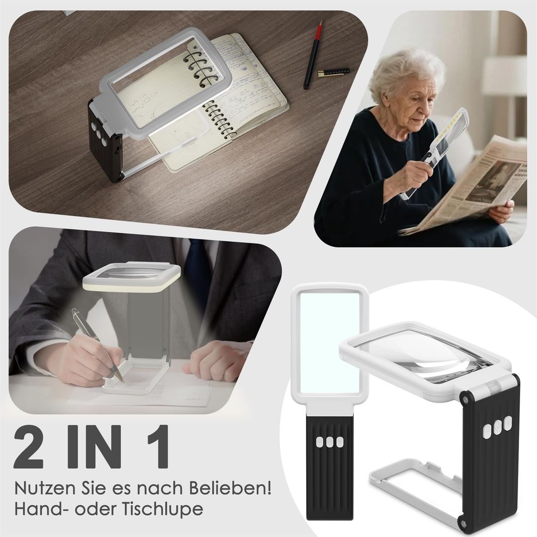 Lupe 10x Vergrößerung – Klappbar, Wiederaufladbar, LED-Licht, Glaslinse & Ständer