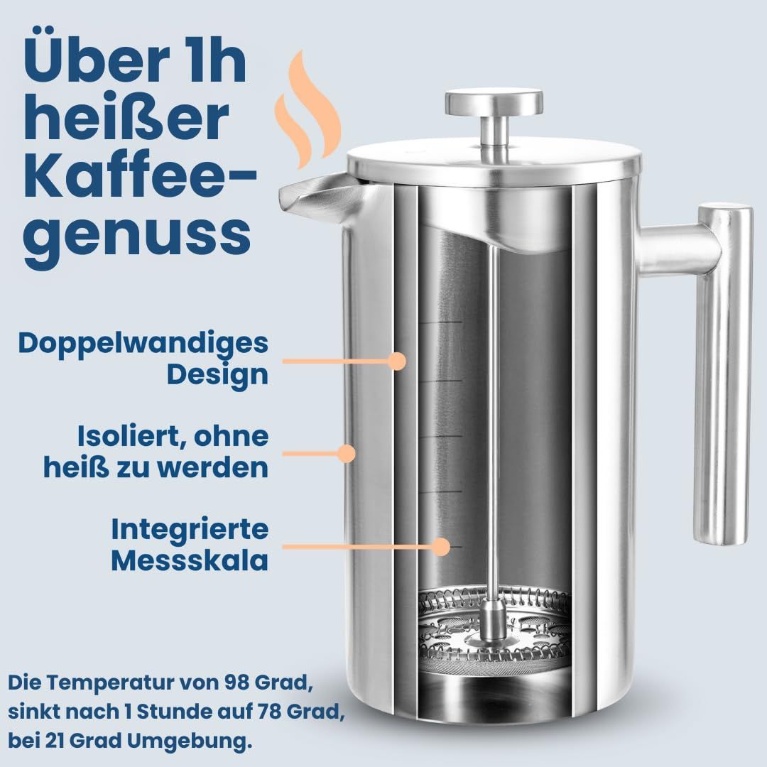 French Press Edelstahl 600ml – Doppelwandig Isoliert, 3 Filter & Korkuntersetzer, Matt