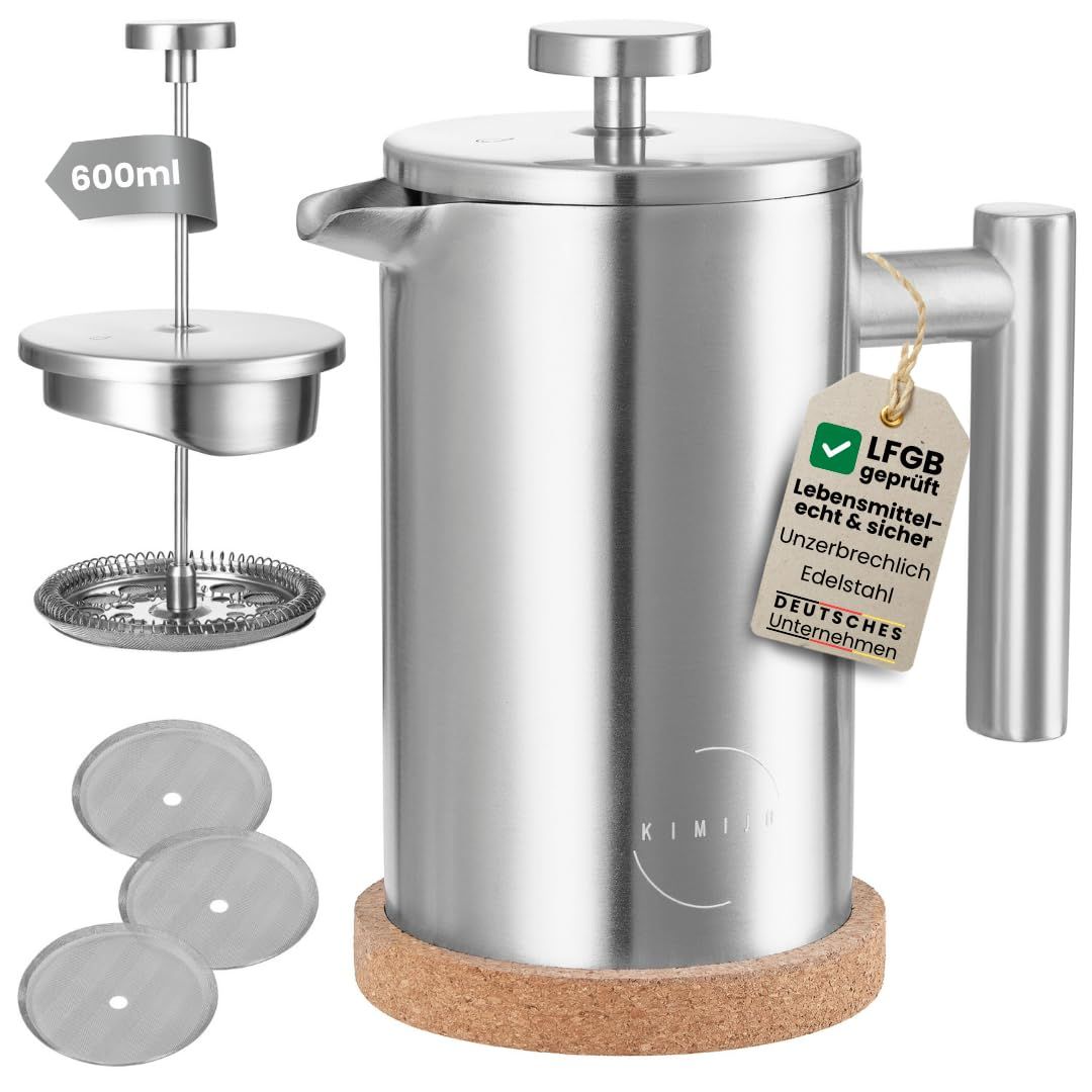 French Press Edelstahl 600ml – Doppelwandig Isoliert, 3 Filter & Korkuntersetzer, Matt
