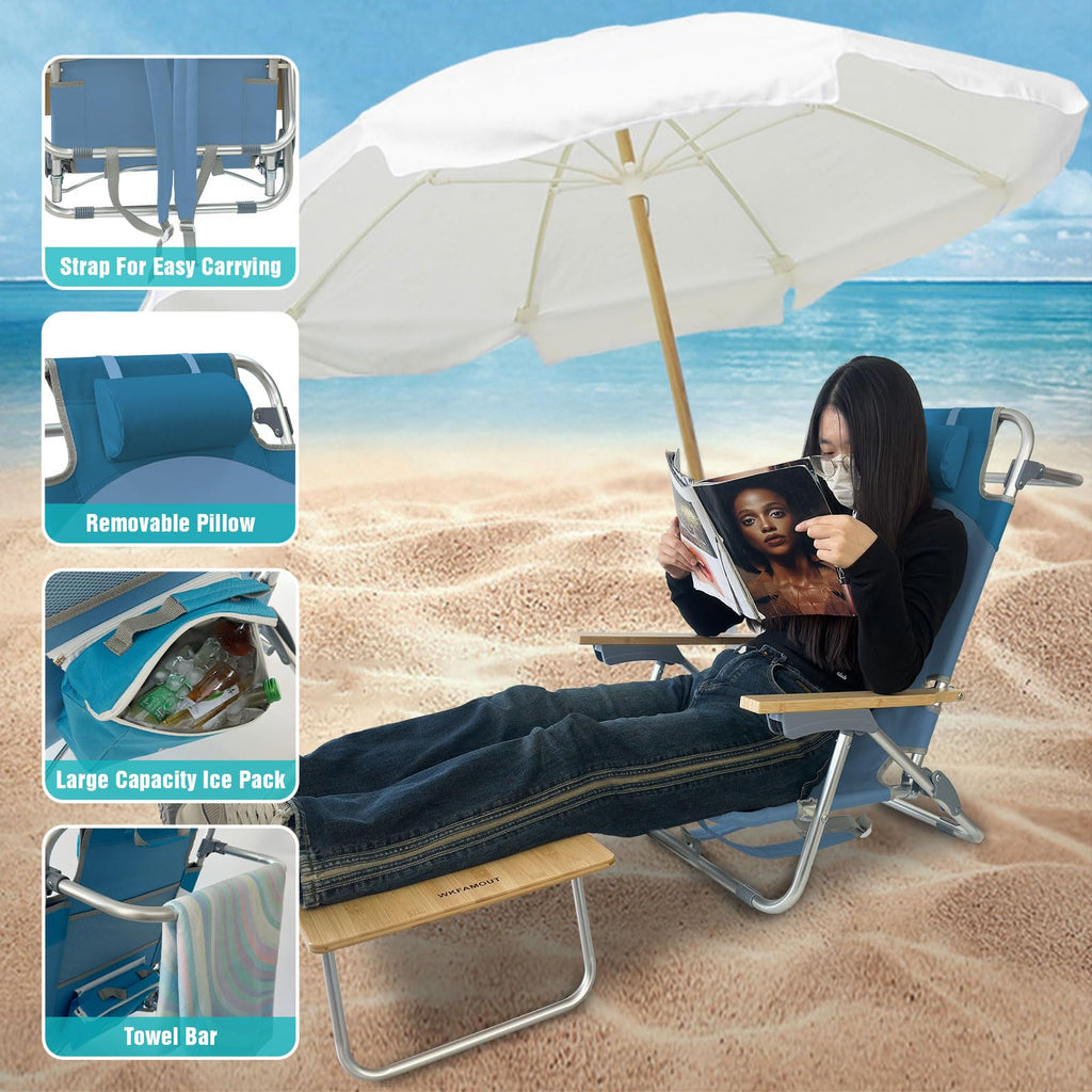 WKFAMOUT Раница за плажен стол, сгъваем със сгъваема маса, бамбук