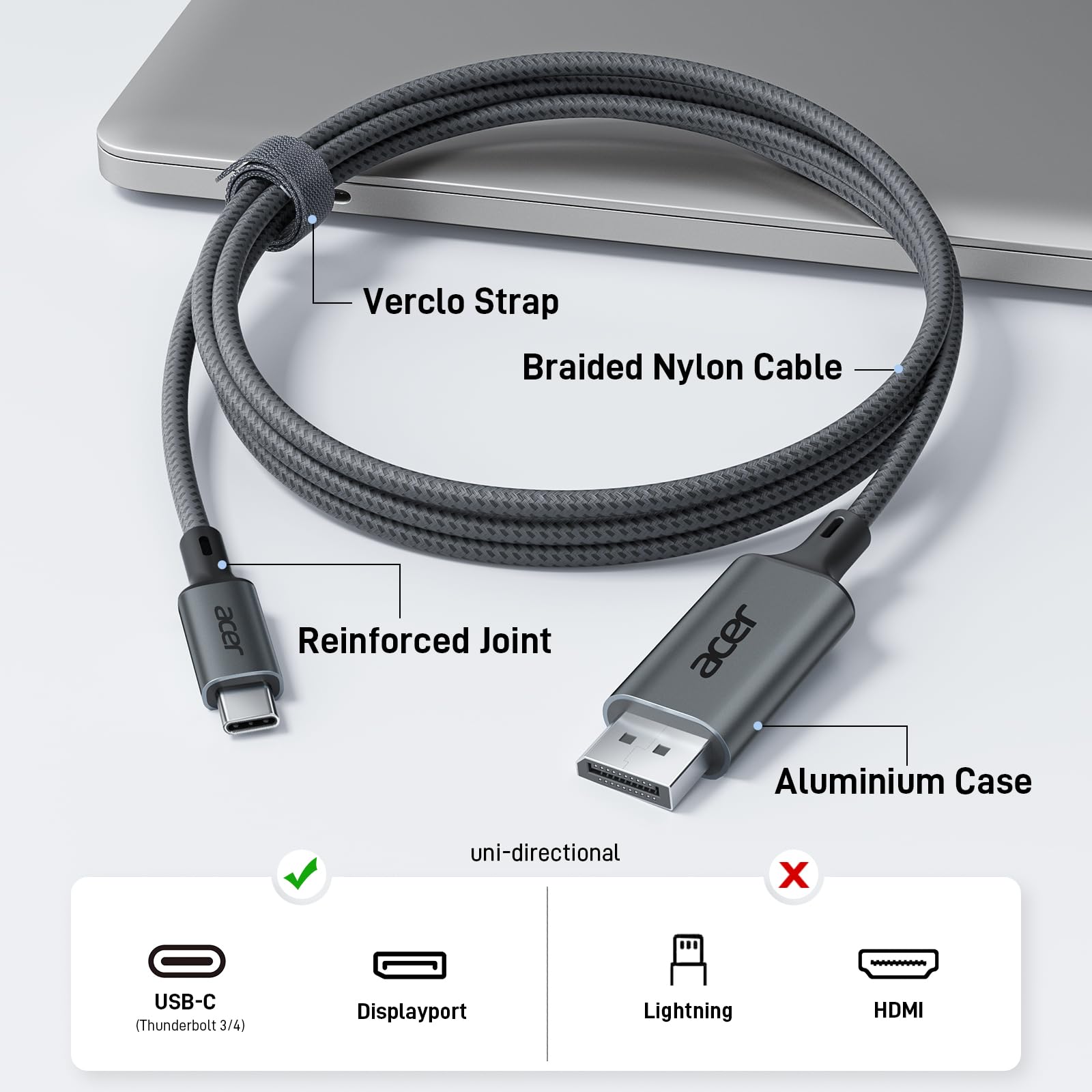 Кабел Acer USB-C към DisplayPort (4K@60Hz, 2K@165Hz), кабел Type-C Thunderbolt 3/4 към DP с MST