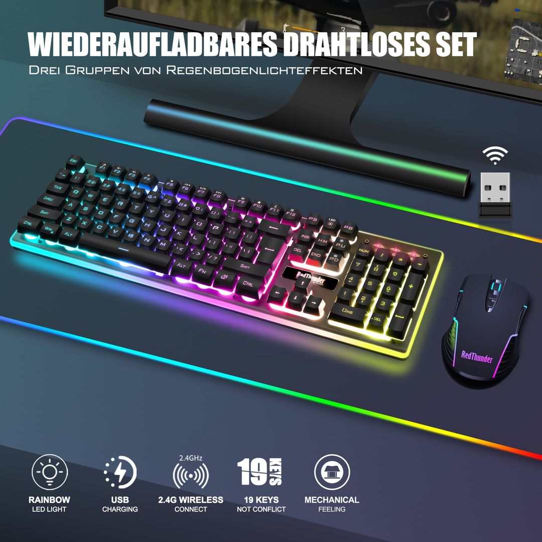 Red Thunder K10 Kabelloses Gaming Tastatur und Maus Set