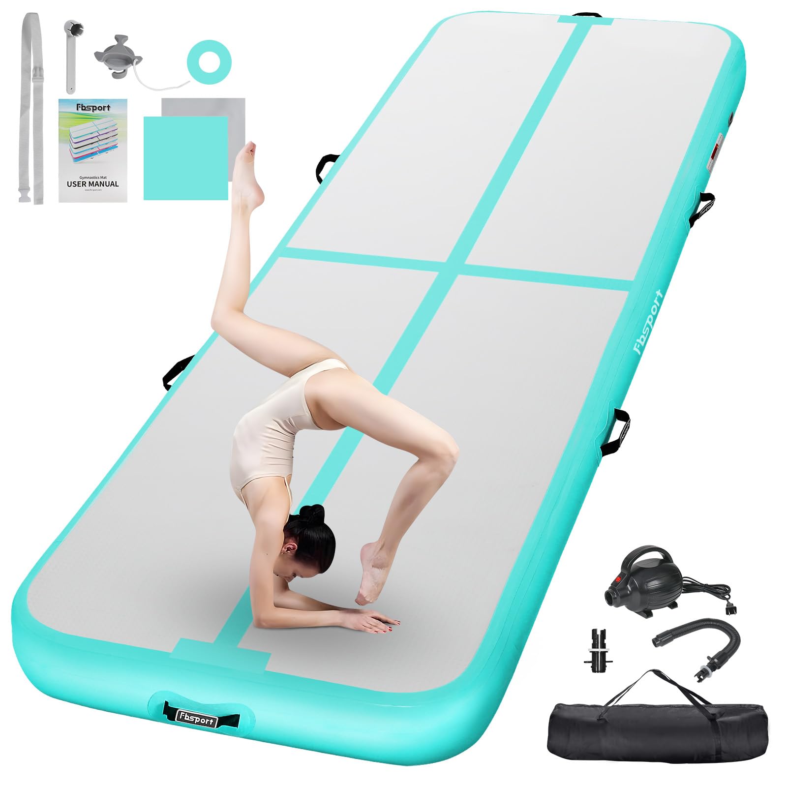 FBSPORT Airtrack Mat, 10 cm High Thick 6 m Tumbling Mat, Gymnastics Mat with Air Pump, Training Mat with Carry Bag, Gym Mat for Home, Outdoor, Yoga, Exercise Gymnastics