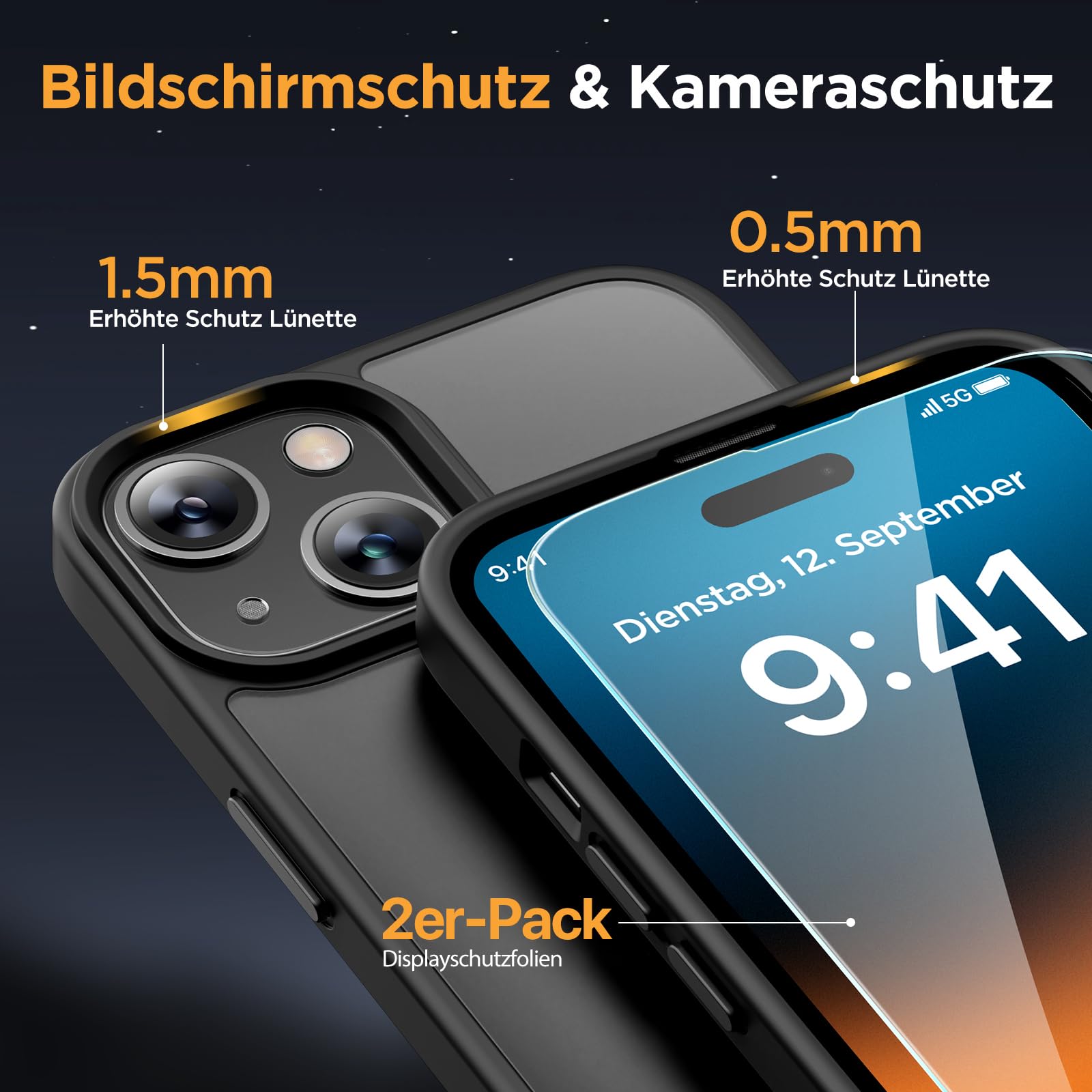Miracase Magnetische Hülle – iPhone 15, 2 Displayschutzfolien, Militärstandard, Schwarz
