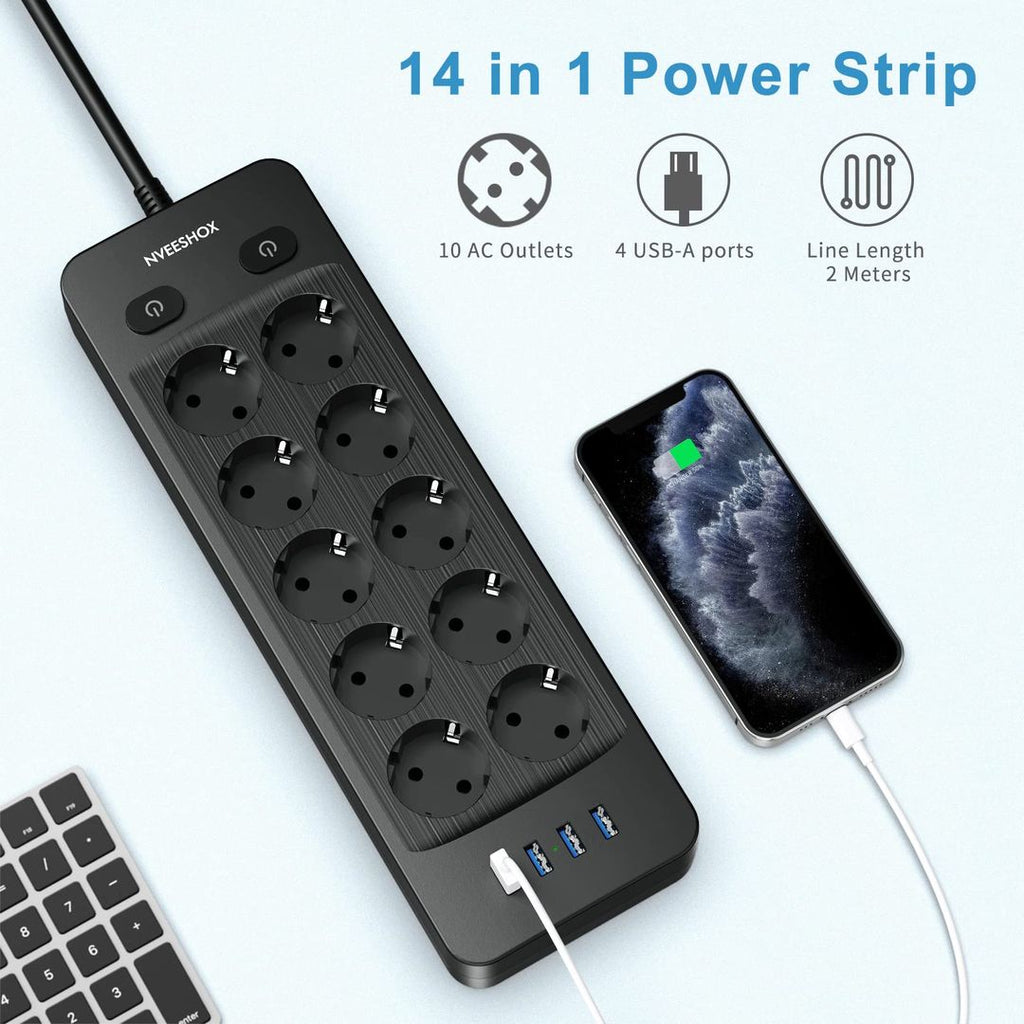 Steckdosenleiste 10-fach Einzeln Schaltbar – 4 USB, Überspannungsschutz, 5m Kabel