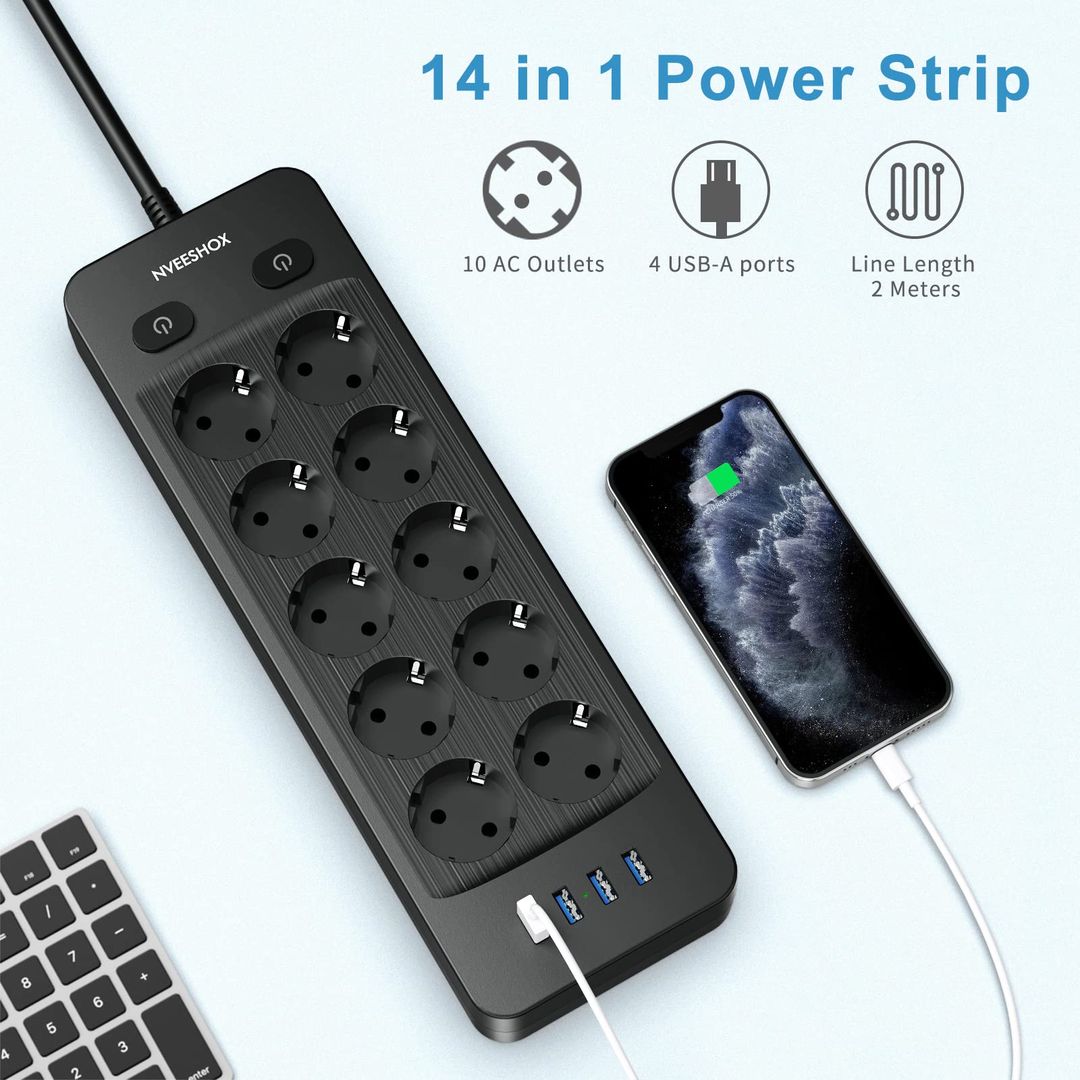 Steckdosenleiste 10-fach Einzeln Schaltbar – 4 USB, Überspannungsschutz, 5m Kabel