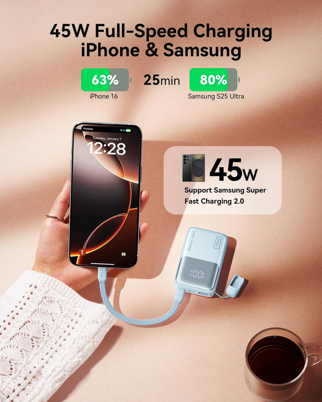 INIU Mini-Powerbank, 10.000 mAh, bis 45 W, PD 3.0, Weiß