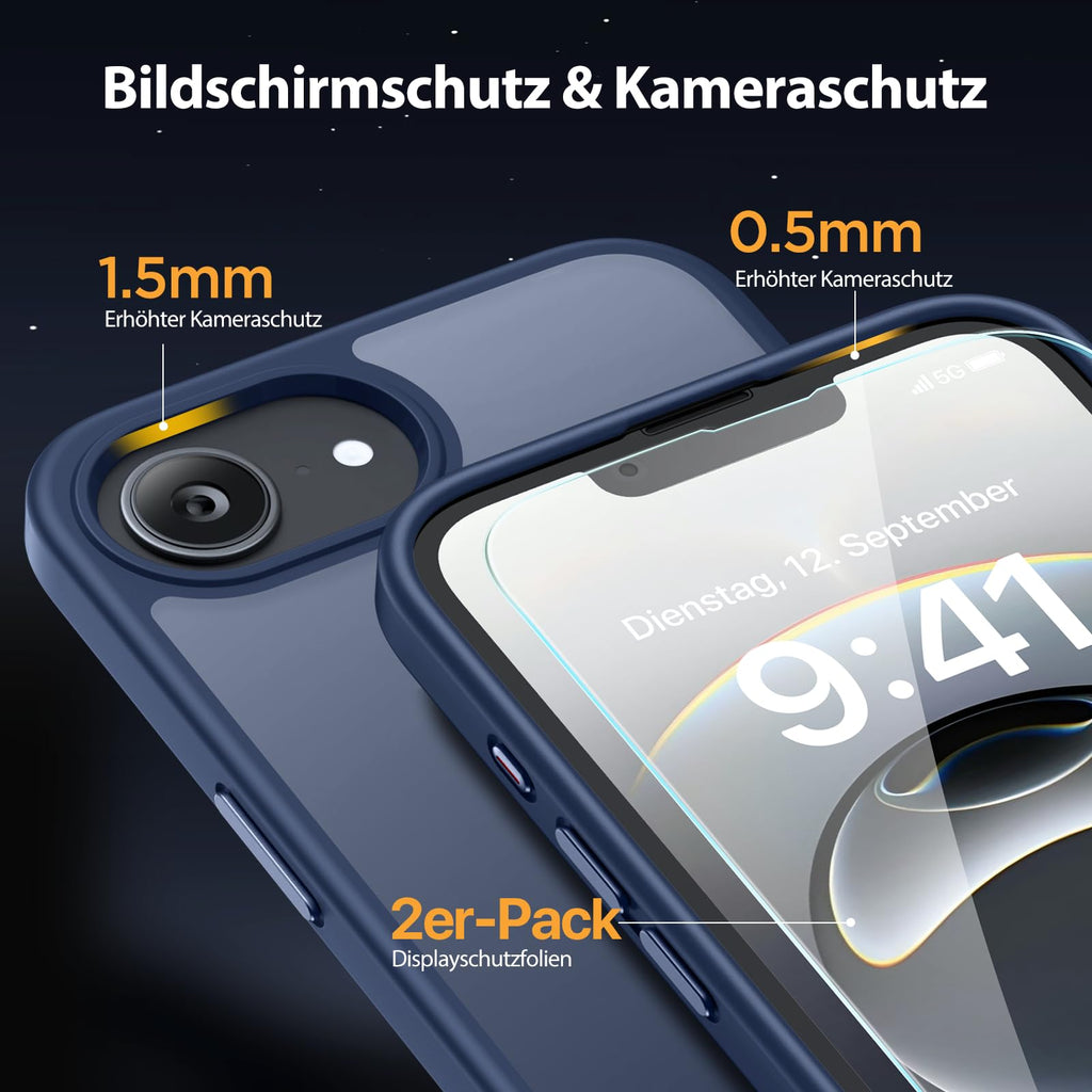Miracase Hülle für iPhone 16e mit 2 Displayschutzfolien, 360°-Airbags, Militärstandard-Schutz – Mattblau, 6,1 Zoll