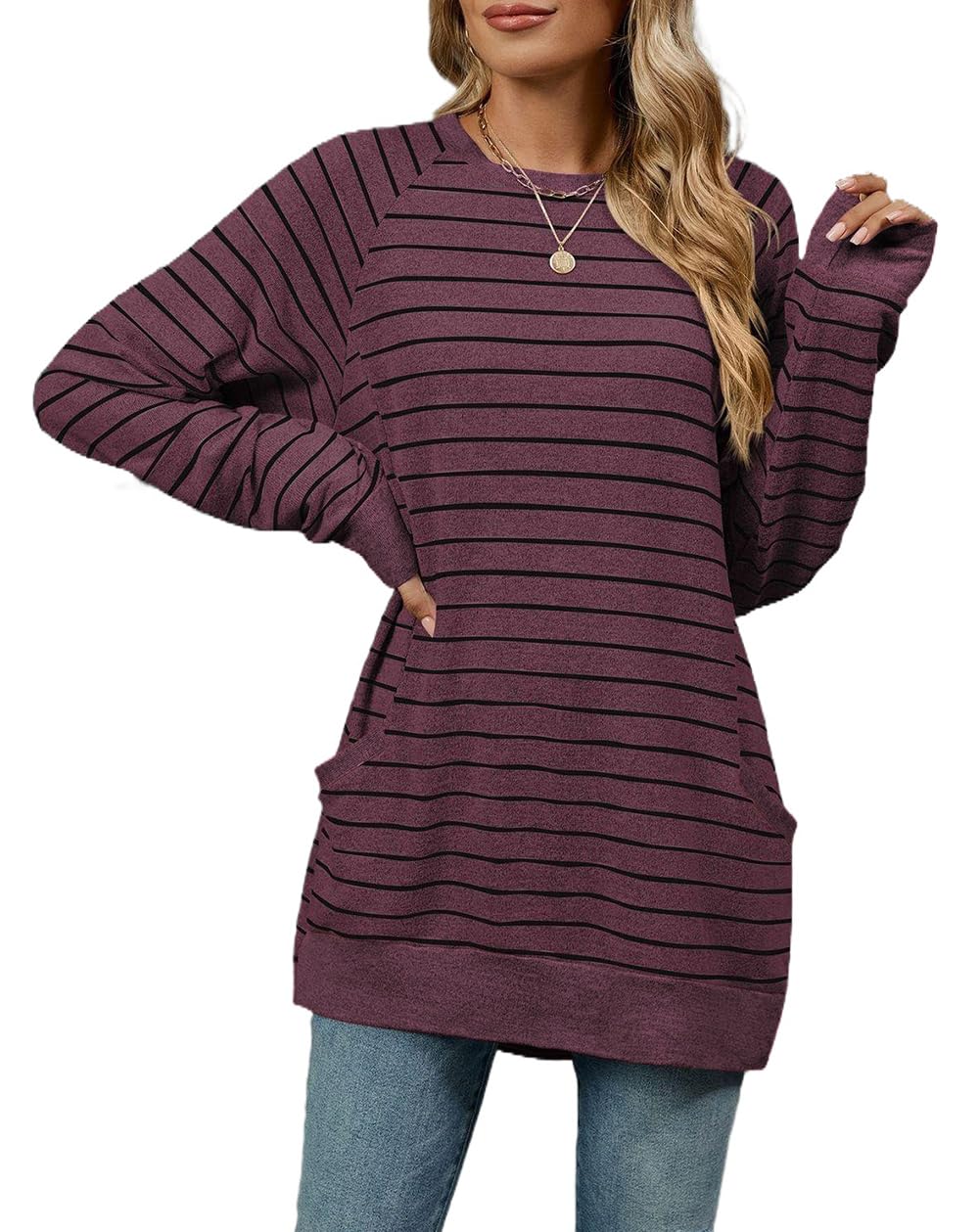 Damen Langer Pullover mit Taschen – Gestreift