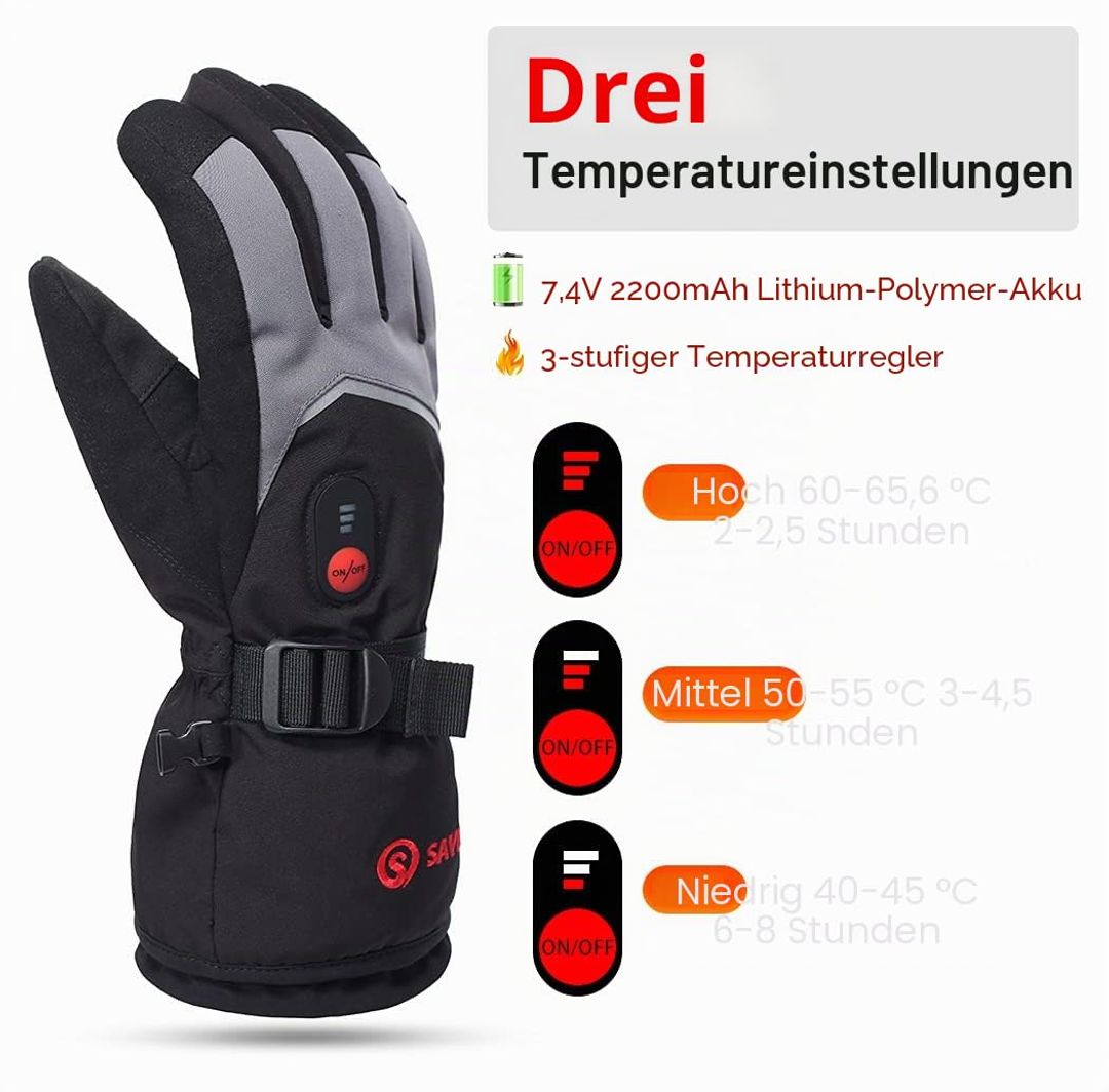 Beheizbare Winter- und Skihandschuhe, Unisex, Grau, XXL