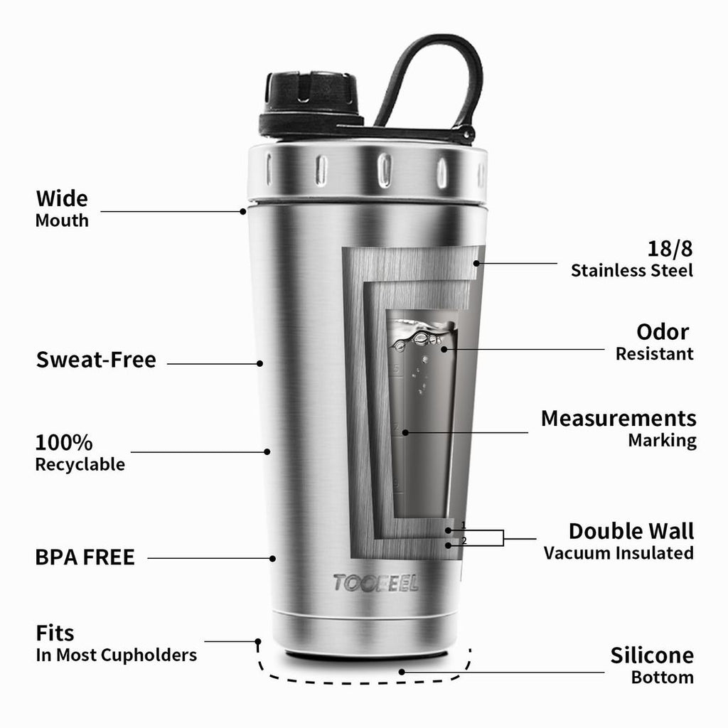 Protein-Shaker Edelstahl 590ml – Doppelwandig Isoliert, Vakuum, Kalt & Heiß, Silber