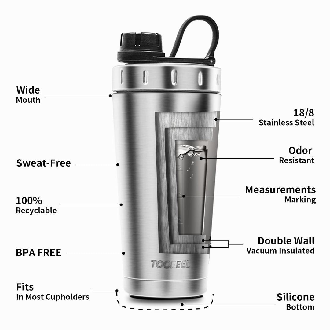 Protein-Shaker Edelstahl 590ml – Doppelwandig Isoliert, Vakuum, Kalt & Heiß, Silber