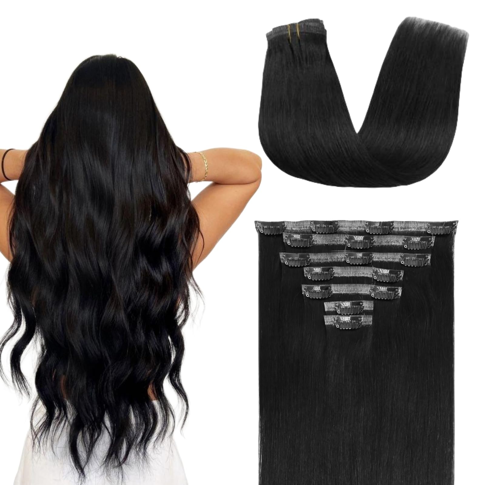 FUOTONBUTY Clip-in Extensions Echthaar, Schwarz, 90g