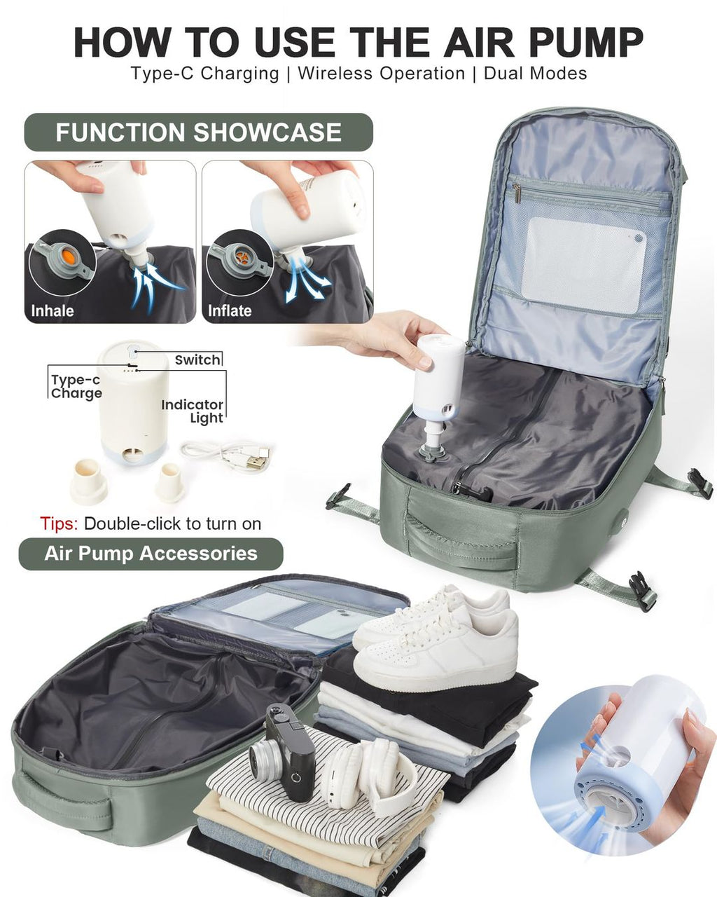 Vakuum Rucksack mit Pumpe – Reise-Luftsack, Gruen