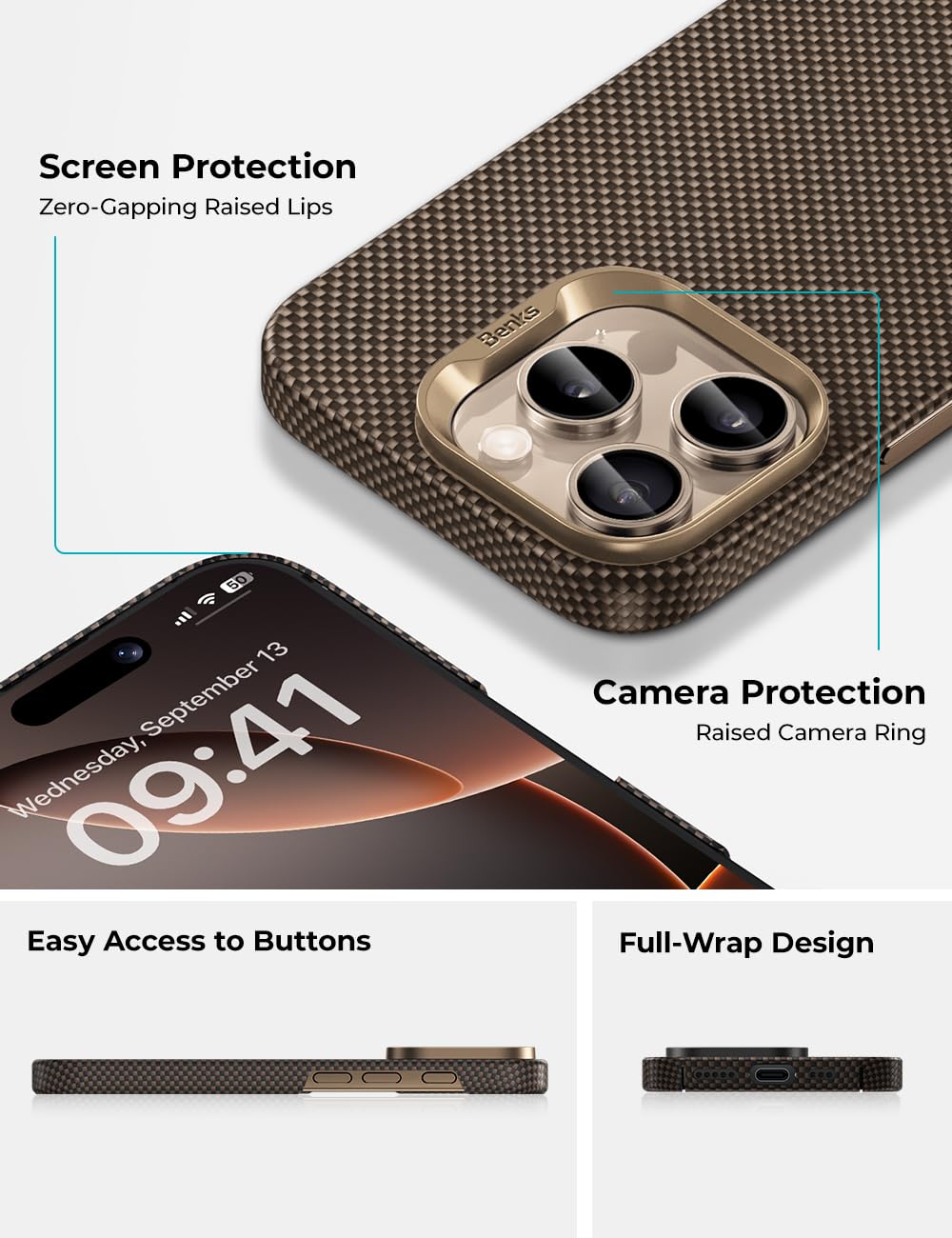 BENKS ArmorTint C3S Hülle – iPhone 16 Pro Max, Aramidfaser, MagSafe, Goldener Morgen