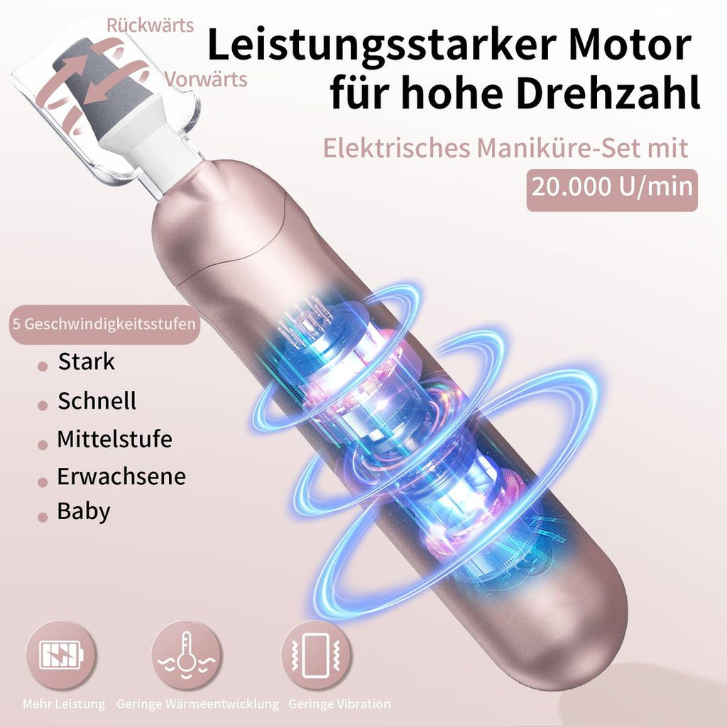 Elektrischer Nagelfräser Set – 9 Aufsätze, 5 Stufen, LED, Aufbewahrungstasche, Champagne Gold