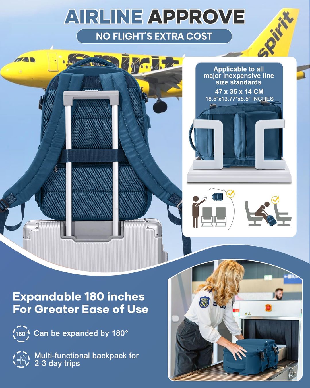 Rucksack mit Vakuumsystem für Handgepäck - Pfauenblau