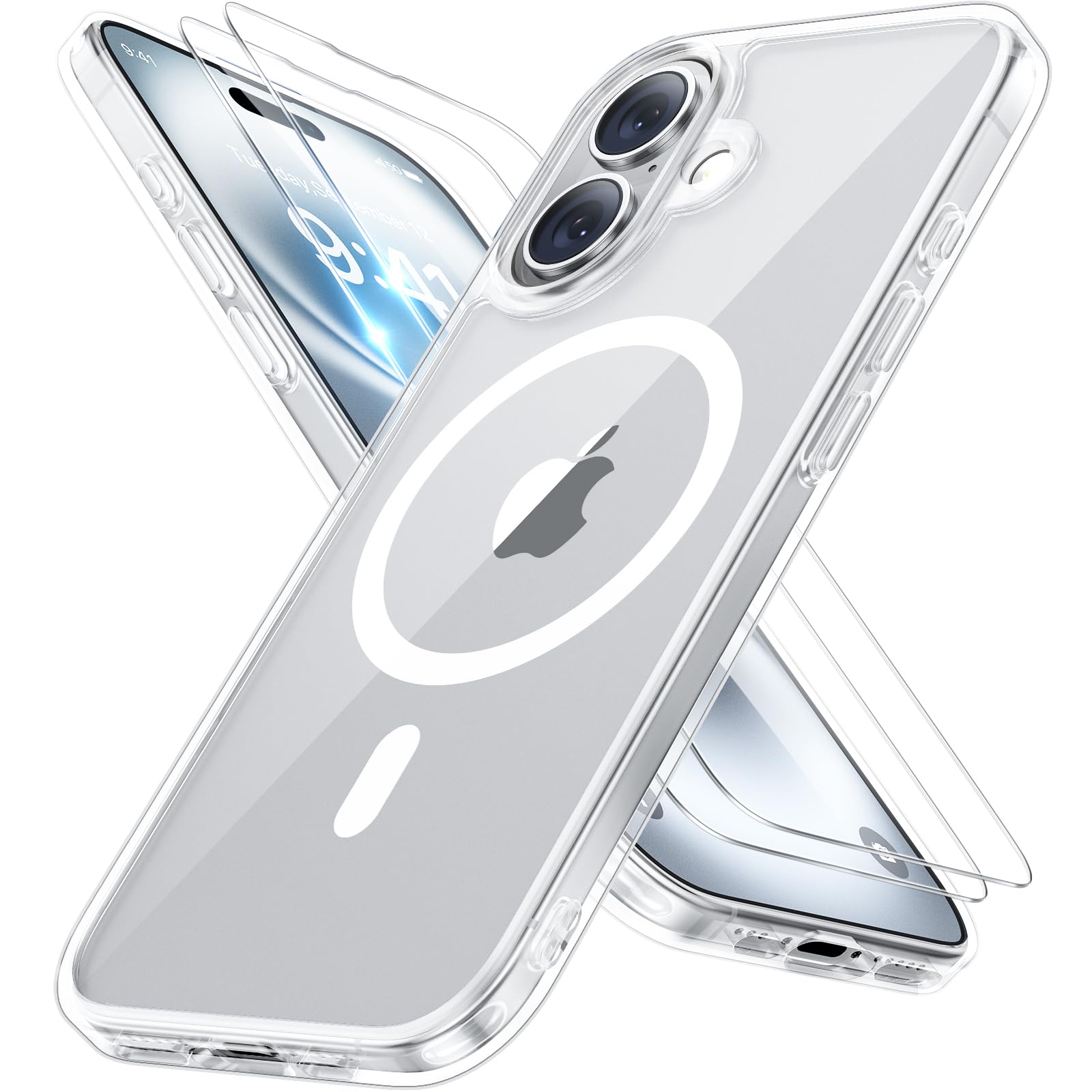 iPhone 16 Hülle – MagSafe, 2 Displayschutzfolien, Militärstandard, Stossfest, Transparent, 6,1 Zoll