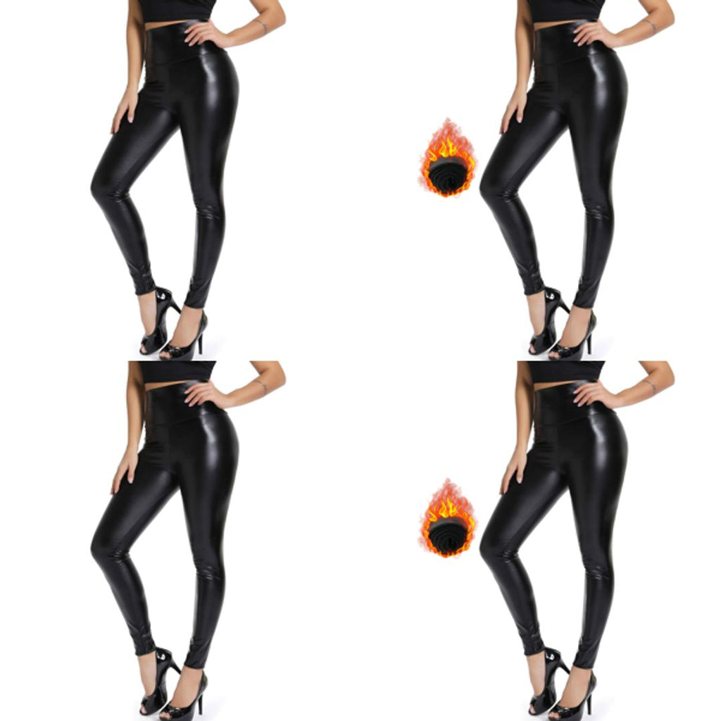 Damen Kunstleder Leggings – Hohe Taille, Dehnbar, Thermohosen, Schwarz