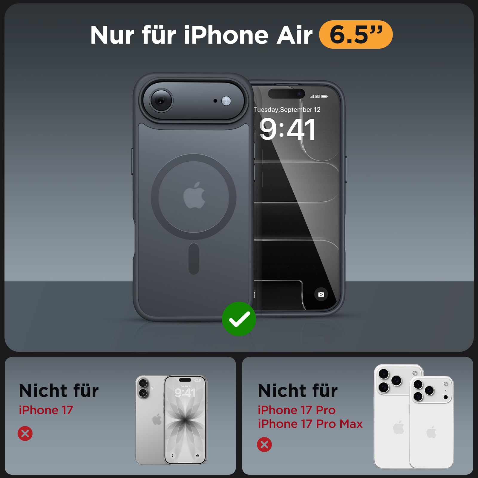 iPhone 17 Air Hülle – MagSafe, Militärstandard, Stossfest, Mattschwarz, 6,5 Zoll