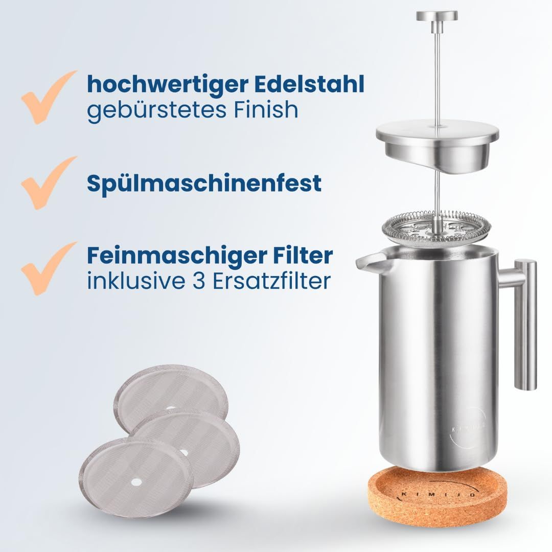 French Press Edelstahl 600ml – Doppelwandig Isoliert, 3 Filter & Korkuntersetzer, Matt