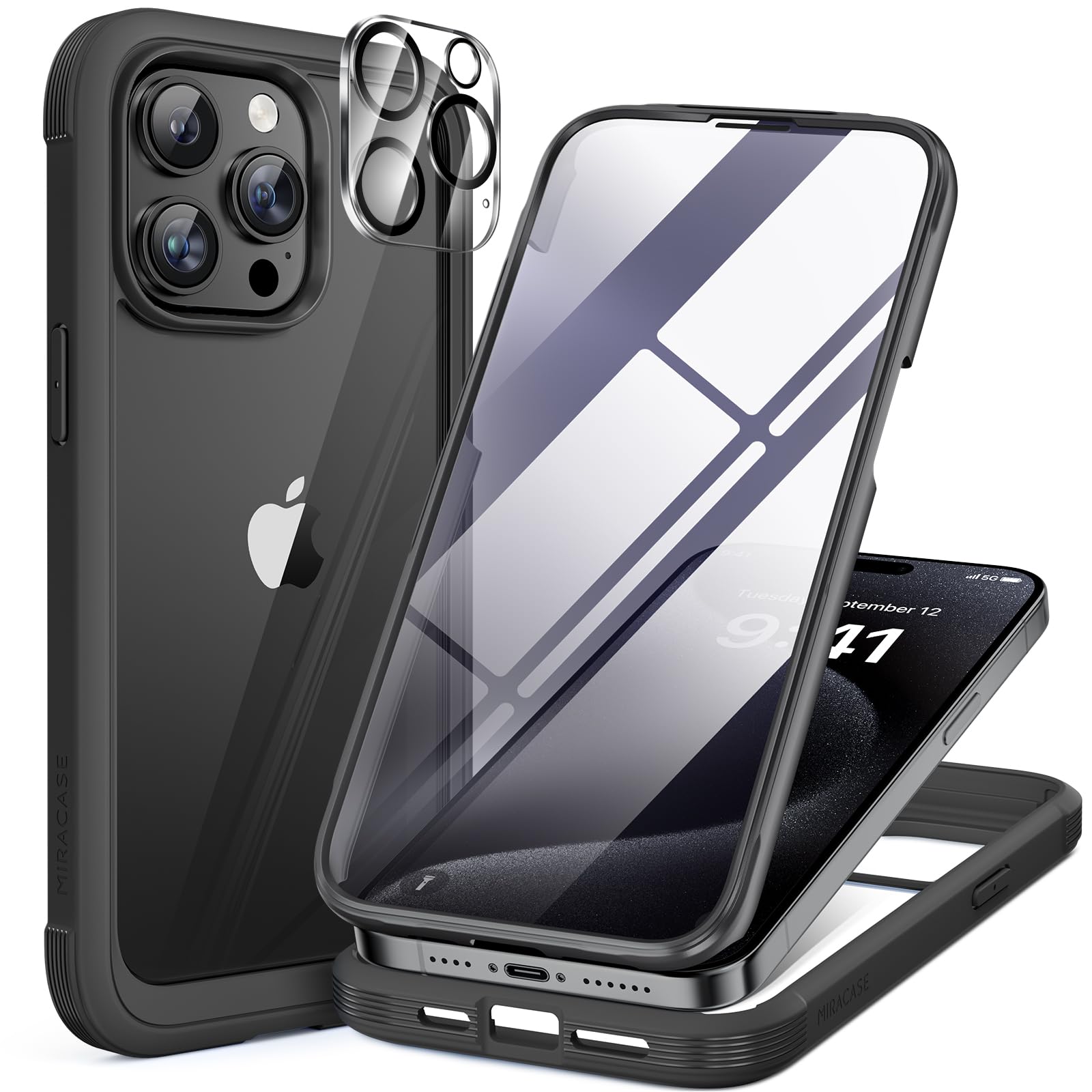 iPhone 15 Pro 360-Grad-Schutzhülle – Glas-Displayschutzfolie, Stossfest, Schwarz