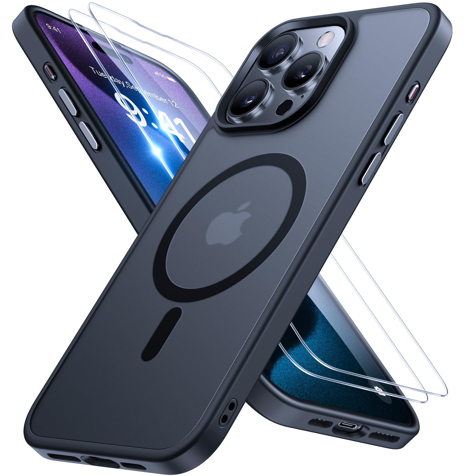 Magnetische Hülle – iPhone 15 Pro, MagSafe, 2 Displayschutzfolien, Stossfest, Schwarz