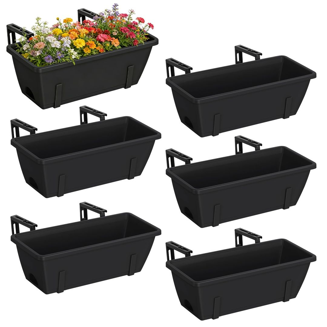 Balkon-Geländer-Pflanzkübel 6er-Set – 43cm, Verstellbare Halterungen, Schwarz