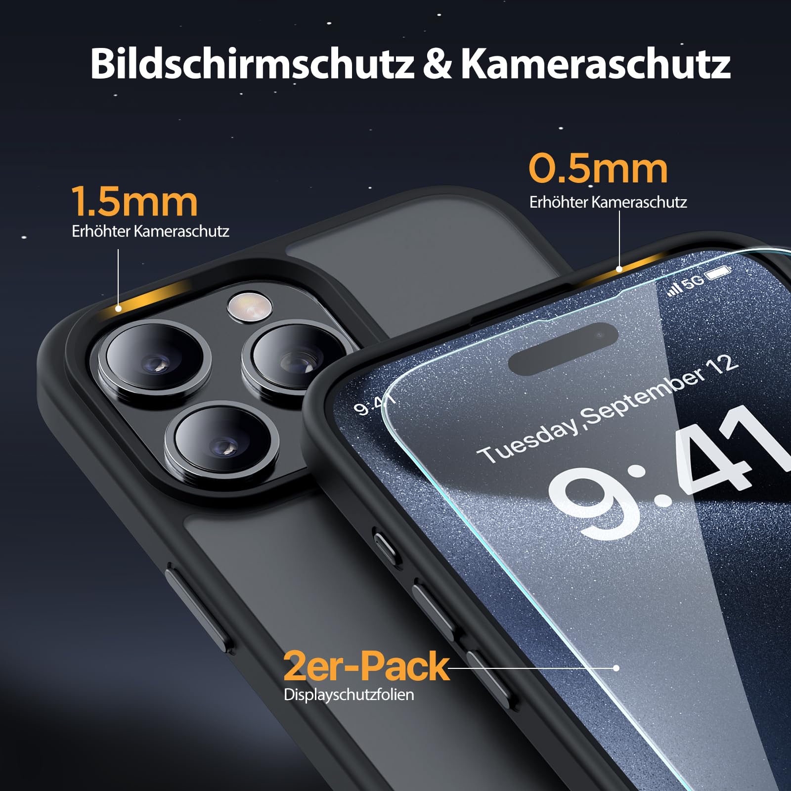Magnetische Hülle – iPhone 15 Pro, MagSafe, 2 Displayschutzfolien, Stossfest, Schwarz