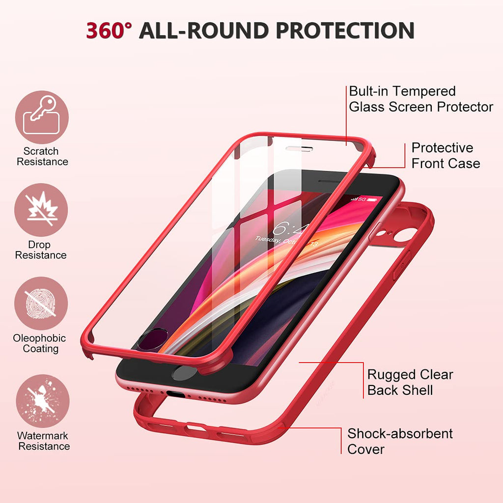 Miracase 360-Grad-Hülle – iPhone SE 2022/2020/8, Displayschutzfolie, Rot