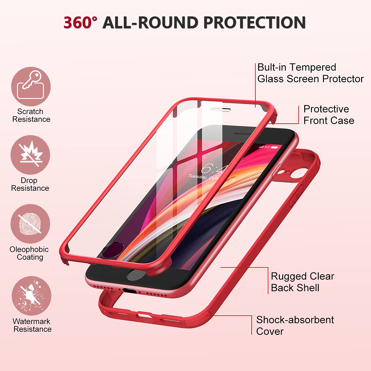 Miracase 360-Grad-Hülle – iPhone SE 2022/2020/8, Displayschutzfolie, Rot