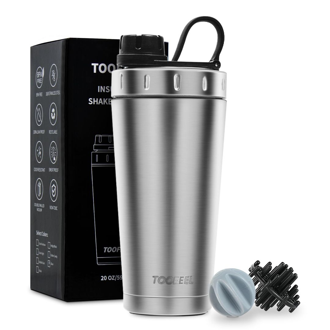 Protein-Shaker Edelstahl 590ml – Doppelwandig Isoliert, Vakuum, Kalt & Heiß, Silber