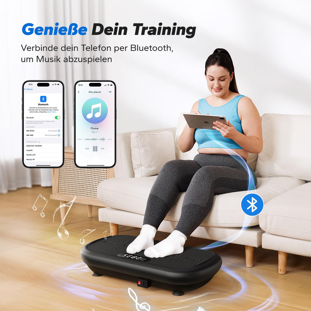 Vibrationsplatte 13mm Amplitude – 200kg Tragkraft, Bluetooth-Lautsprecher, Schwarz