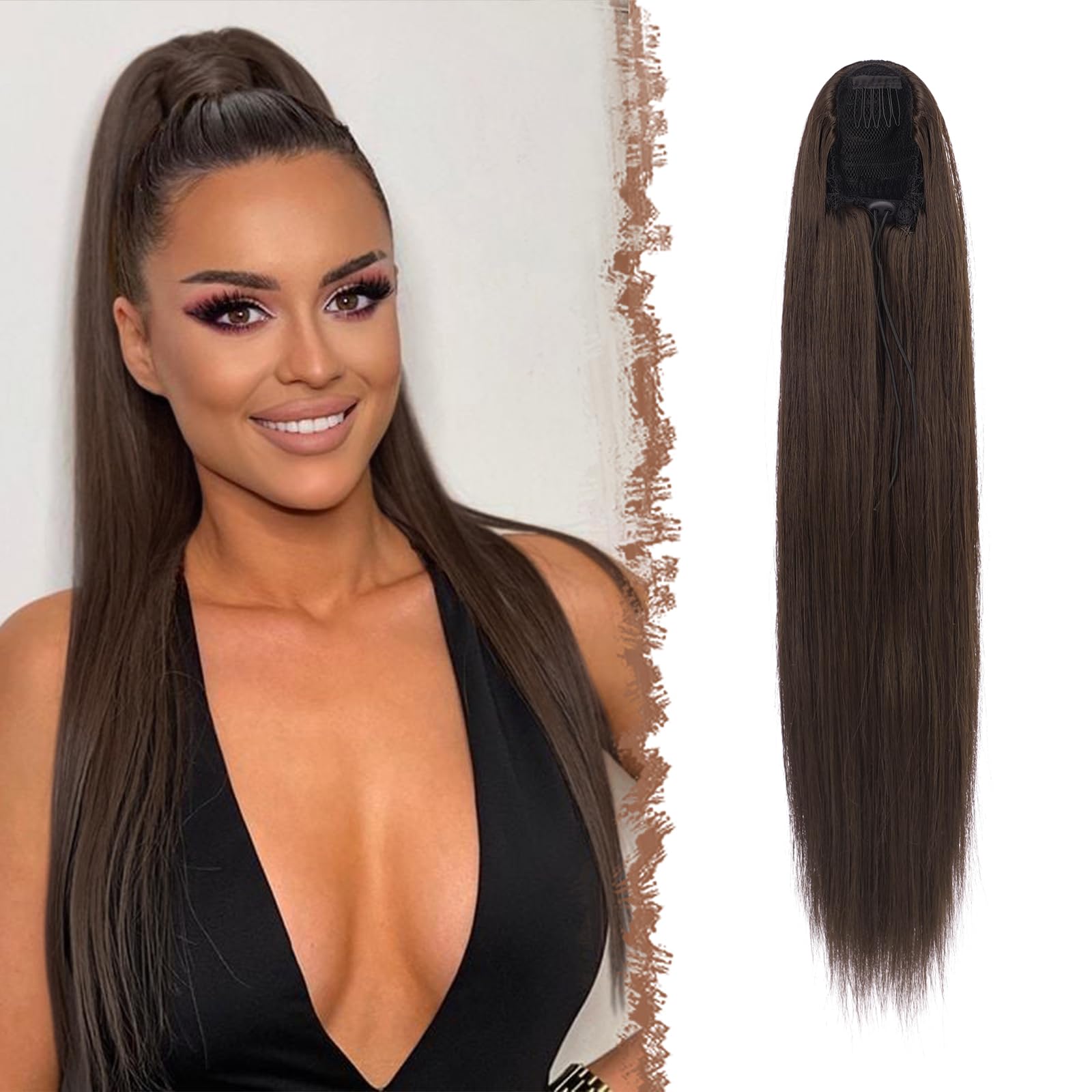 lange gerade Pferdeschwanzverlängerungen mit Zugband 70cm