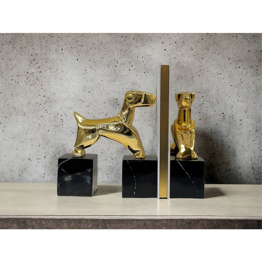 Modernistische Art-Déco-Chrom-Terrier-Statuen-Welpen-Buchstützen (2er-Set)