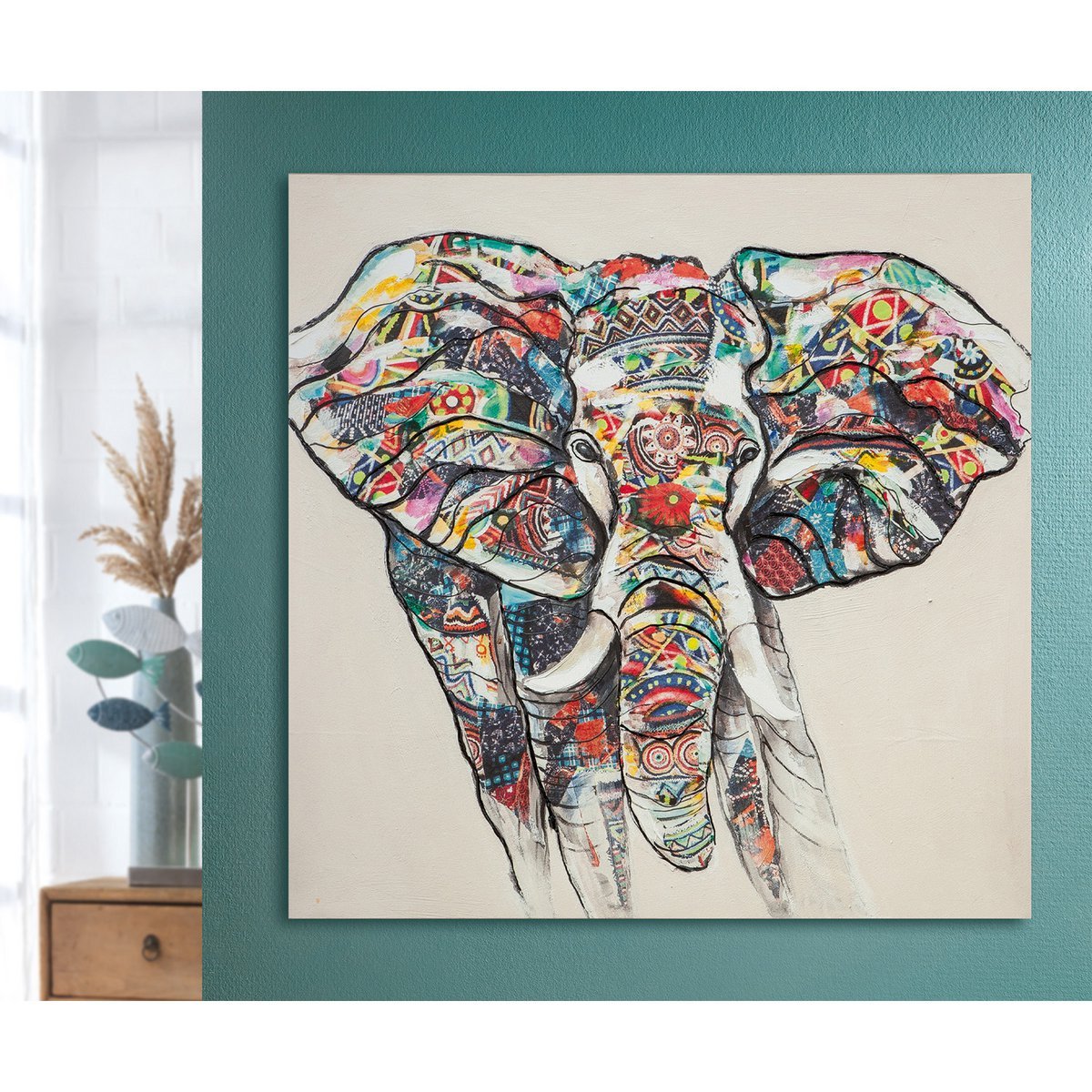 Holz/Leinen Bild "Bunter Elefant"