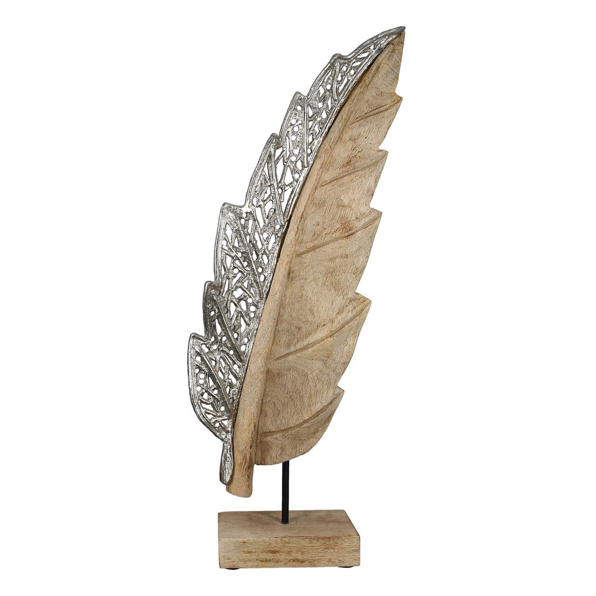 Mangoholz/Aluminium Skulptur Blatt "Jali" H.61cm